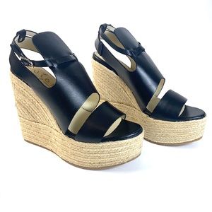 Ouigal Anthropologie Leather Woven Straw Platform Wedge Sandals